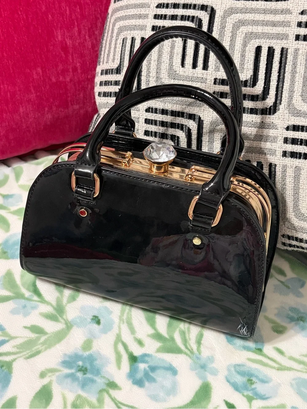 Patent Black Top-Handle Women's Bag with Crystal Clasp